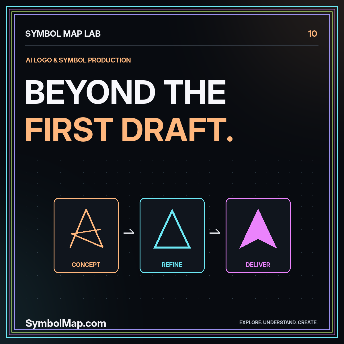 Neon typography card reading Beyond The First Draft., with original draft geometry and the SymbolMap.com label.