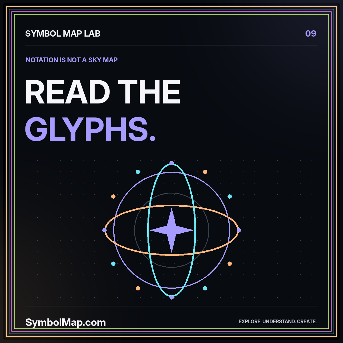 Neon typography card reading Read The Glyphs., with original orbit geometry and the SymbolMap.com label.