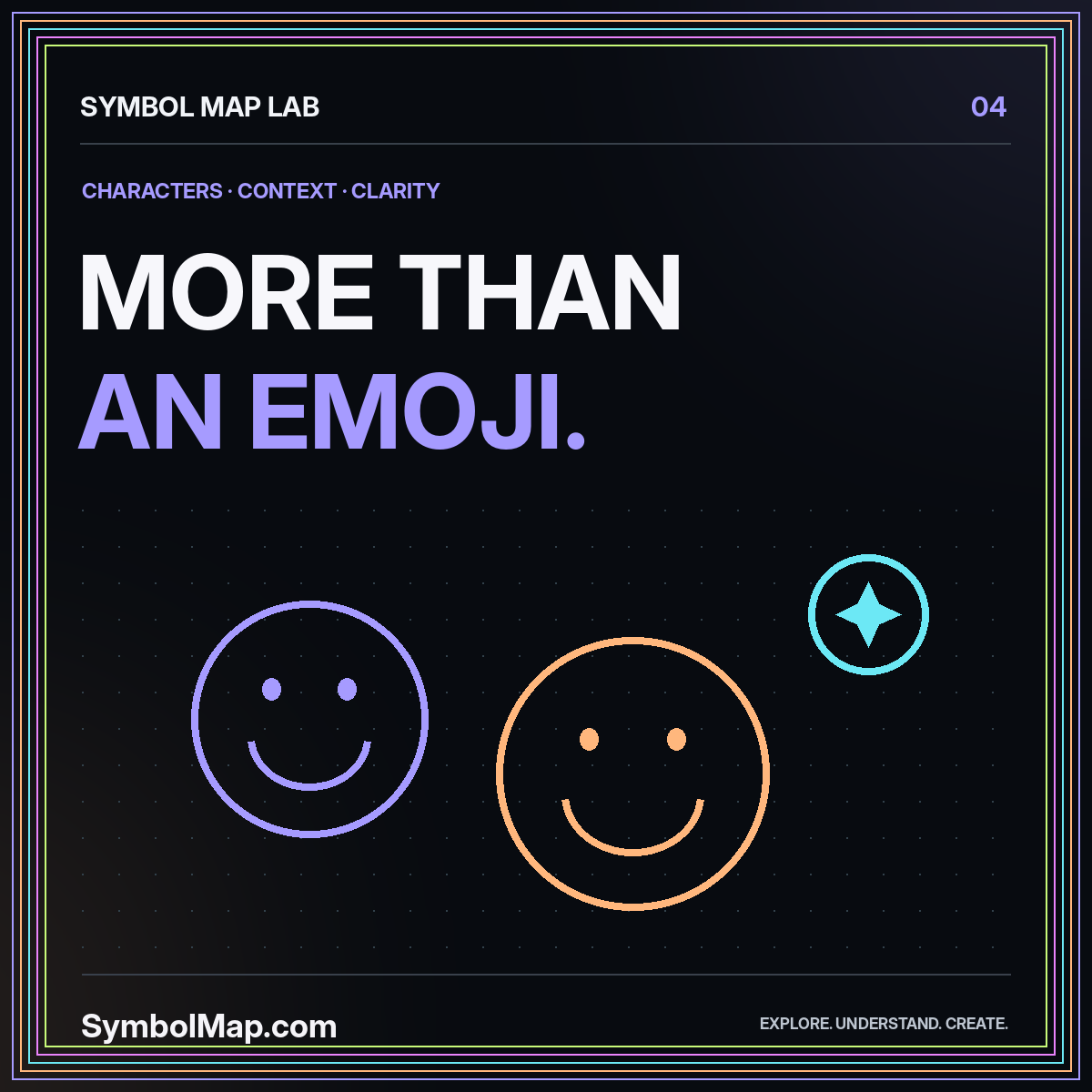 Neon typography card reading More Than An Emoji., with original emoji geometry and the SymbolMap.com label.