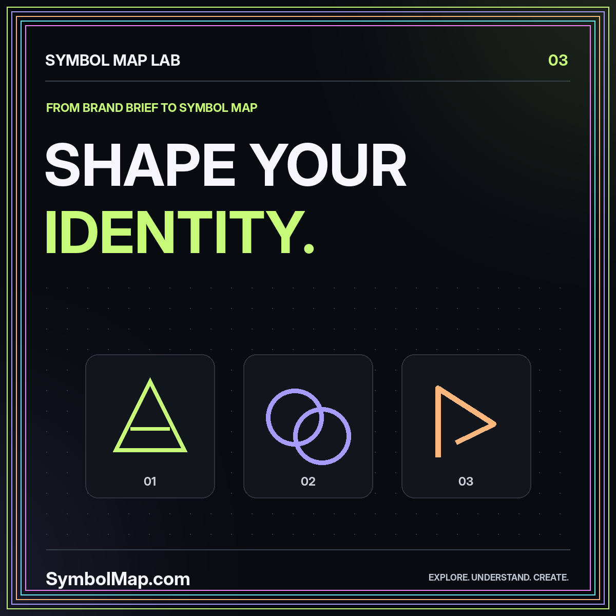 Neon typography card reading Shape Your Identity., with original logo geometry and the SymbolMap.com label.