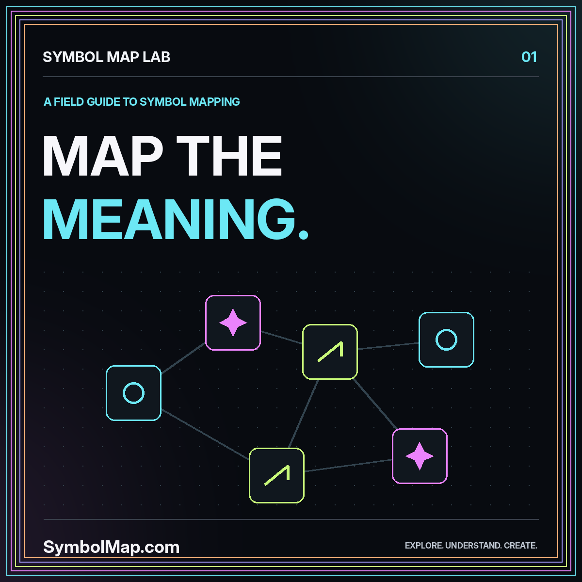 Neon typography card reading Map The Meaning., with original network geometry and the SymbolMap.com label.